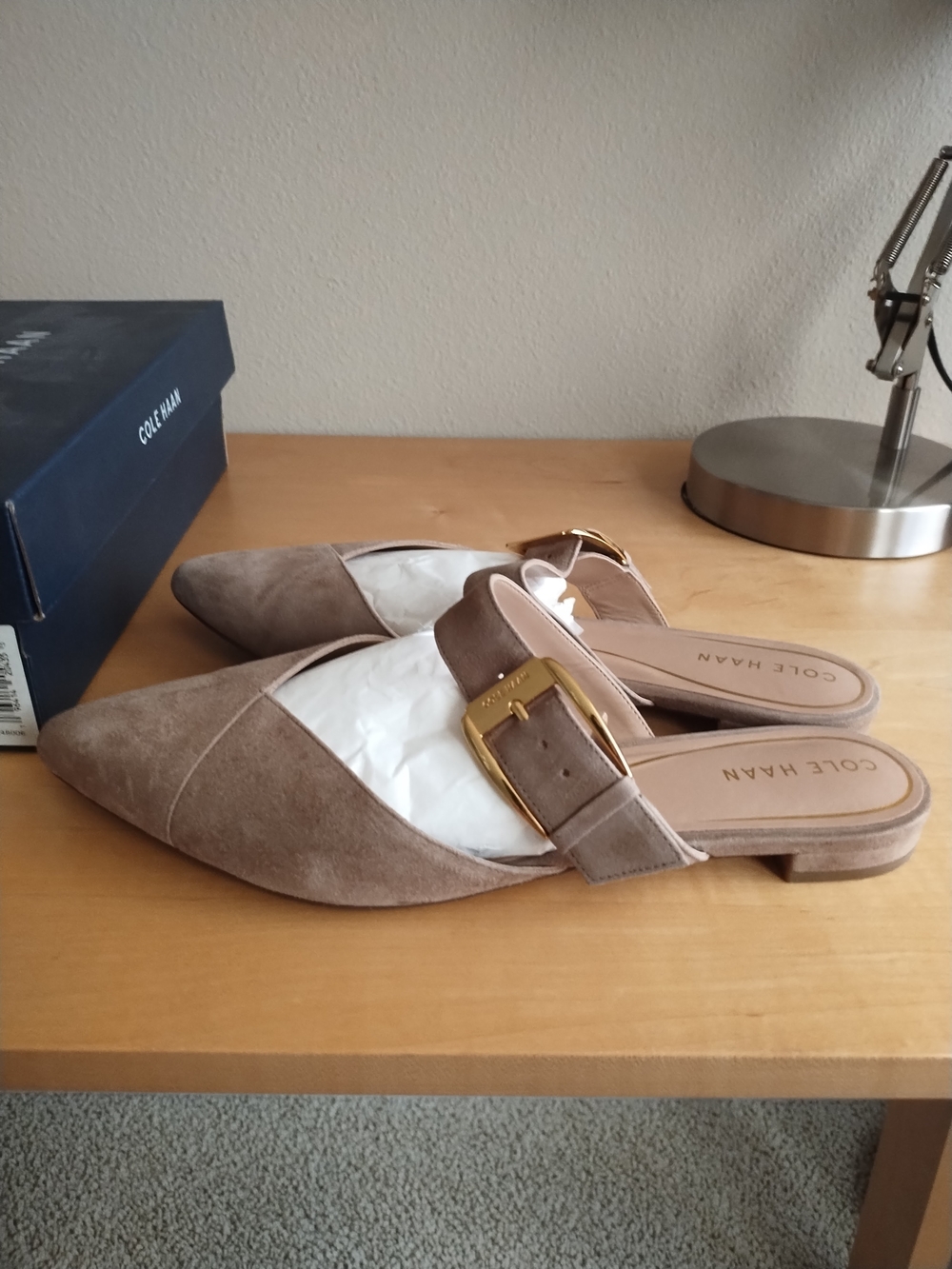 Cole Haan Taupe Suede Pointed-Toe Mule with Buckle - Picture 3 of 8